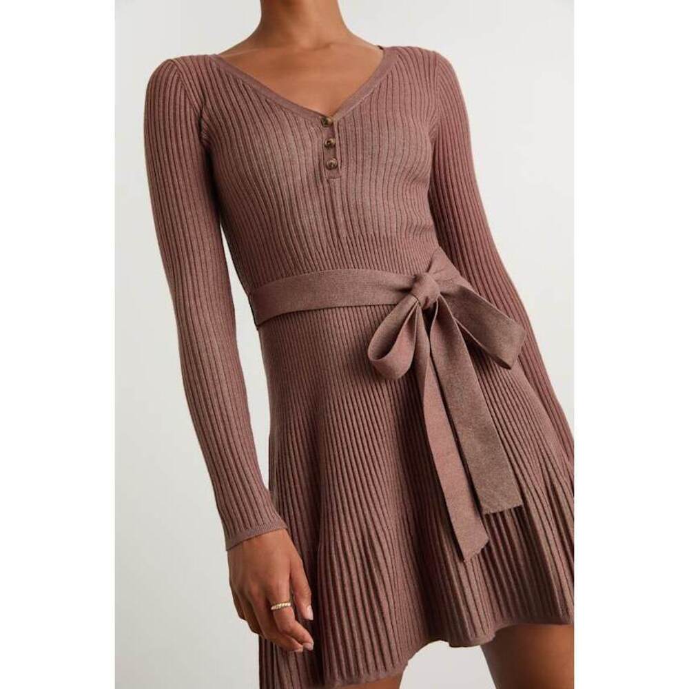 Lulus Cozy Poise Heather Brown Henley Long Sleeve Mini Sweater Dress - Size XS